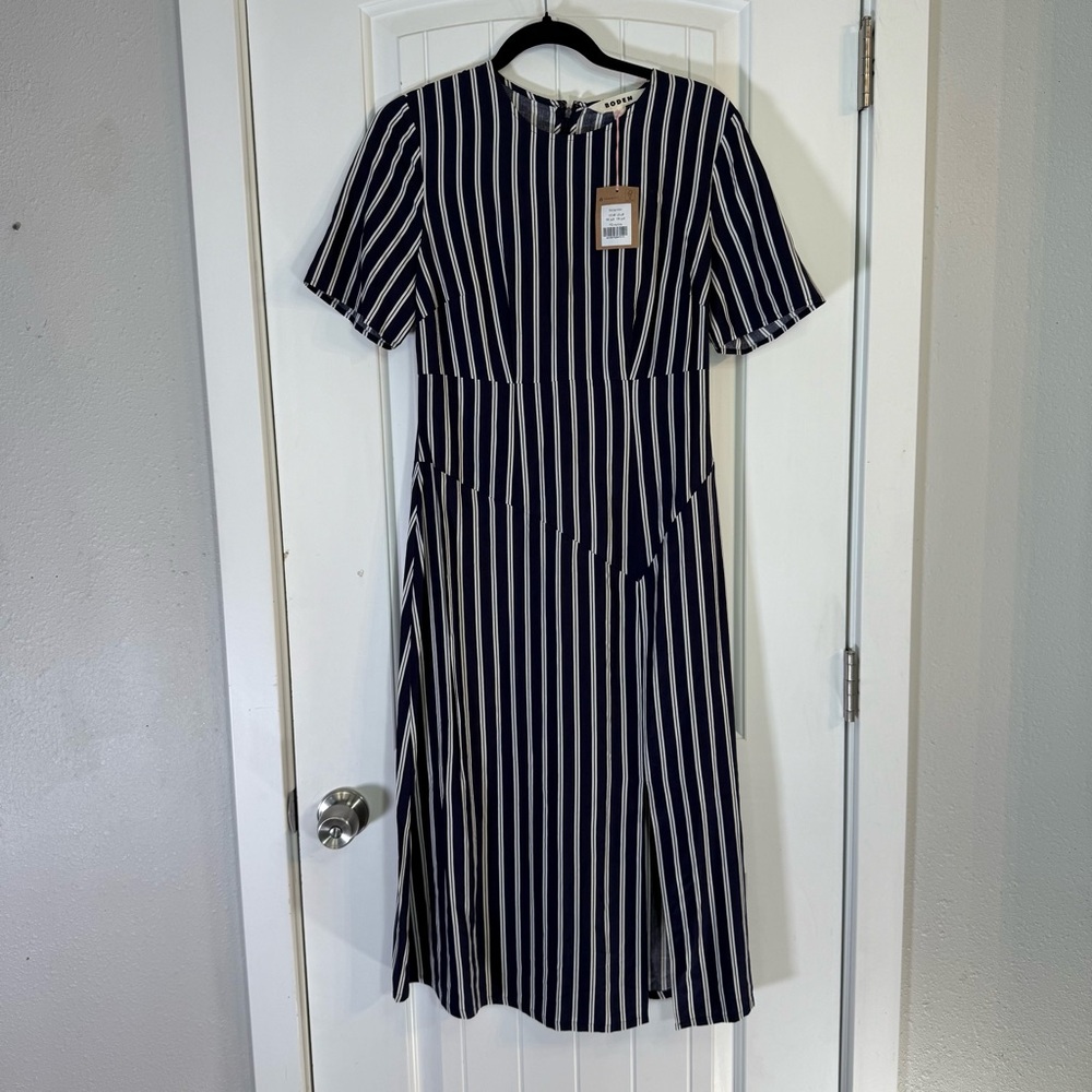 Boden Striped Asymmetric Midi Dress Navy Blue,  Size 4